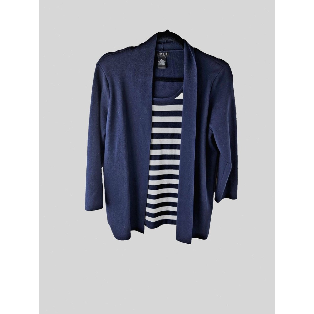J' Envie Nautical Top Women's Size M Navy White Striped Knit & Jacket 2 n 1